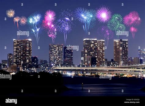 Fireworks Celebrating Over Odaiba Tokyo Cityscape At Night Japan