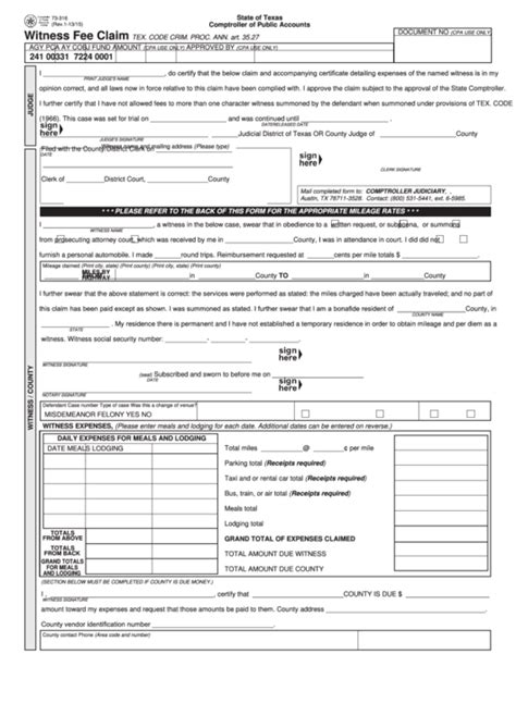 Fillable Form 73 316 Witness Fee Claim Printable Pdf Download