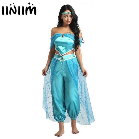 womens adult jasmine princess glittery reflective costume off shoulder crop top with pants set h