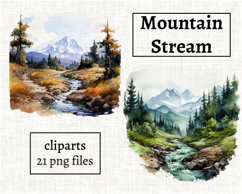 Mountain Stream Clipart Bundle Watercolor Mountain Landscape Etsy