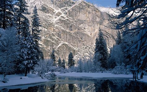 Snowed Mountain And Trees Mountains Winter Landscape River Hd