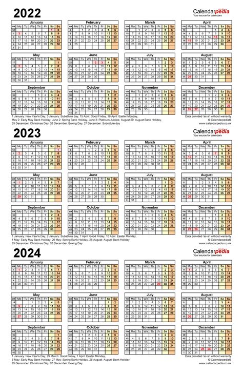 Three Year Calendars For 2022 2023 And 2024 Uk For Word
