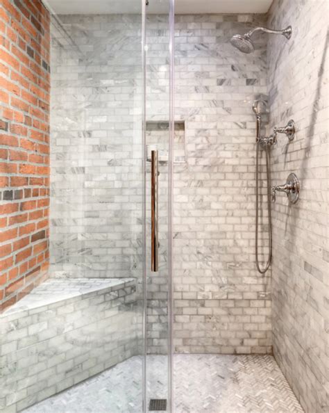 Reliance Design Build Brick And Marble Shower Travertine Bathroom