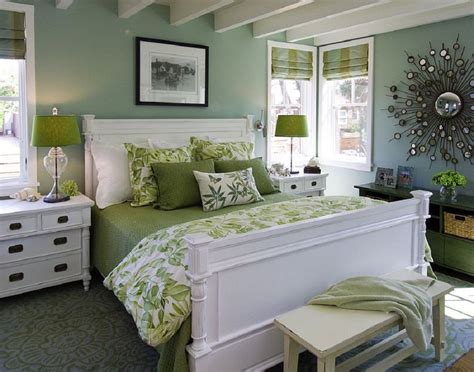 Pure white + sage green + bright blue. Peaceful Bedroom Decorating Ideas - Home Decorating Ideas