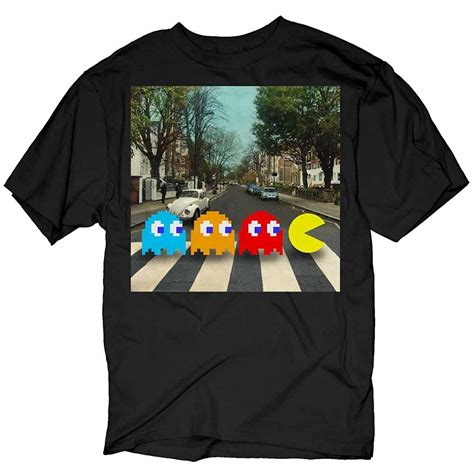 Pac Man Crossing Beatles Abbey Road Black Adult T Shirt