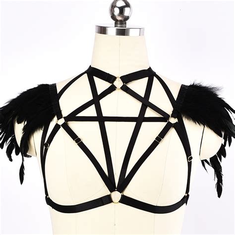 Pentagram Harness Black Elastic Adjustable Feather Epaulette Cage Bra