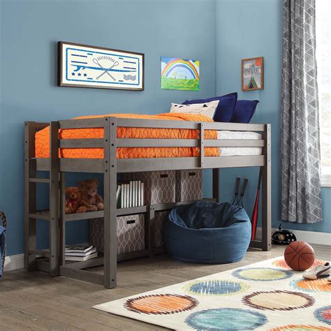 Kids Solid Gray Wood Loft Twin Bunk Bed Frame With Under Bed Storage