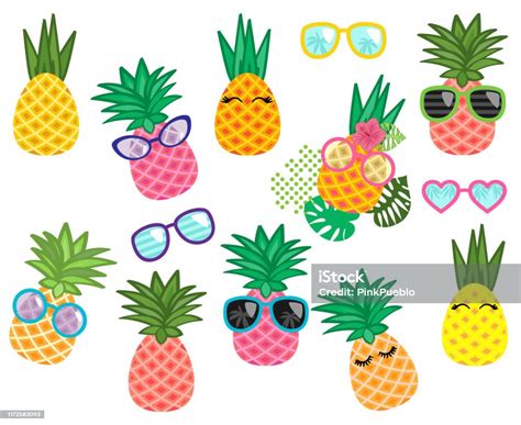 Vector Collection Of Cute Kawaii Pineapples Stock Illustration