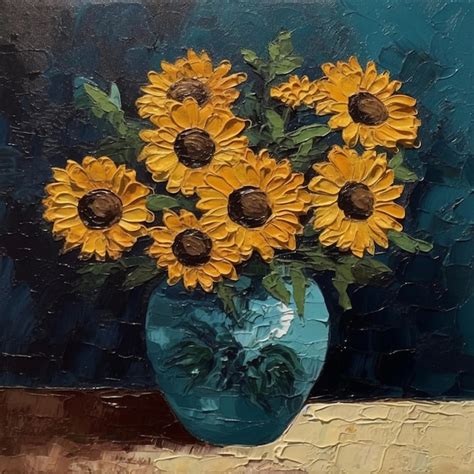 Premium AI Image A Painting Of Sunflowers In A Blue Vase
