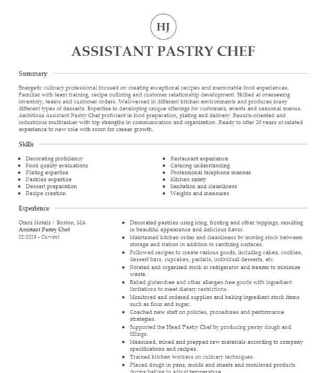 Assistant Pastry Chef Resume Example