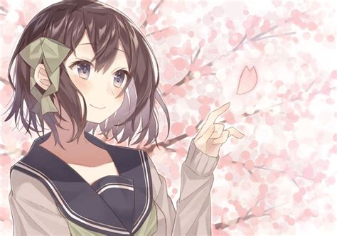 Wallpaper Brown Hair Anime Girl Smiling Petals Cherry Blossom Wallpx