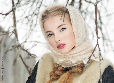 Beautiful Russian Woman In A Traditional Dress Russian Village Stock