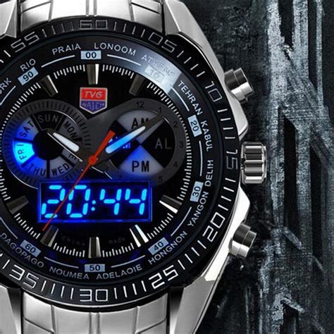 Luxury Brand Tvg Stainless Steel Watch Men Military Blue Binary Led