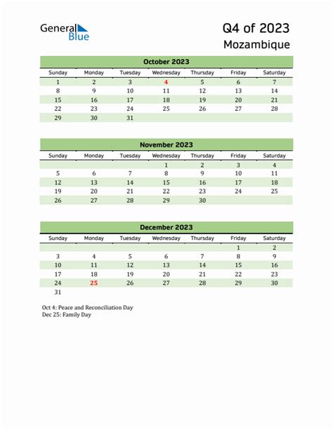 Quarterly Calendar 2023 With Mozambique Holidays