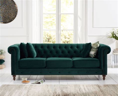 Stylish Green Velvet 3 Seater Sofa With Stud Detail Homegenies