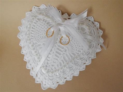 Ring Bearer Pillow Crocheted Lace White Heart Shaped Crochet Rings