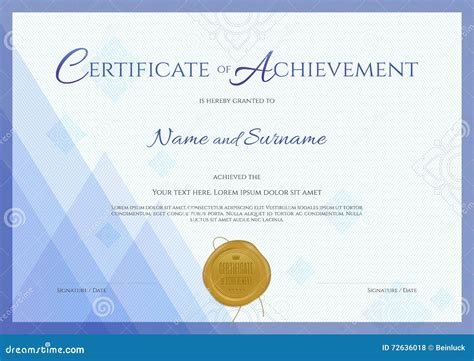 Certificate Of Achievement Template With Blue Theme Background Stock