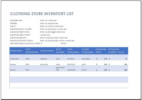 Clothing Store Inventory List Template Word And Excel Templates