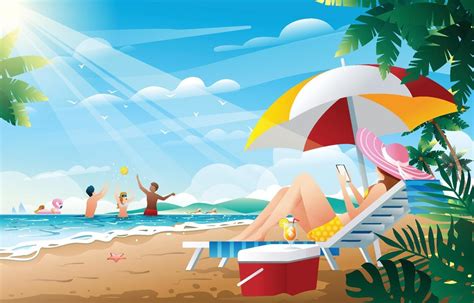 People Enjoying Summer Vacation At The Beach 2271919 Vector Art At Vecteezy