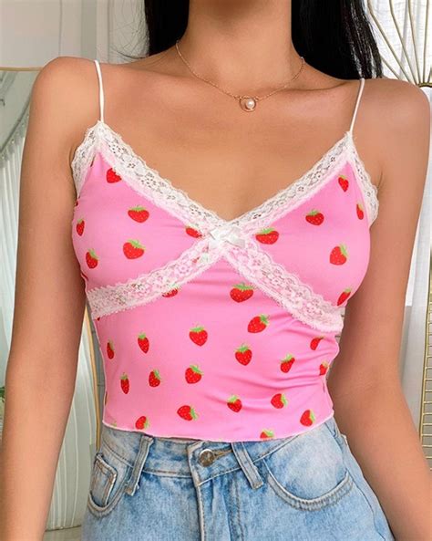 Strawberry Print Lace Trim Cami Pink M In Tank Tops Camis Online Store Best For Sale