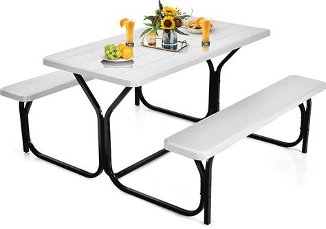 Tangkula Picnic Table Bench Set Outdoor Picnic Table With 2 Benches Metal Camping Table With