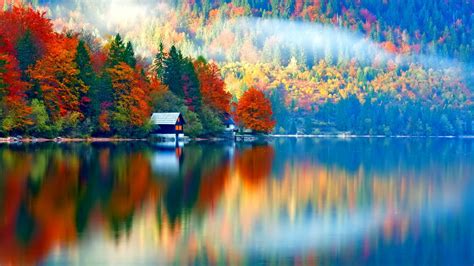 Wallpaper 1824x1026 Px Colorful Fall Forest House Lake