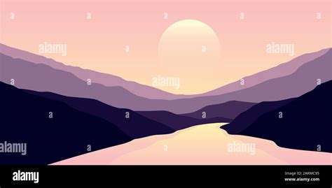 Big River Nature Landscape Outdoor Adventure At Sunset Vector