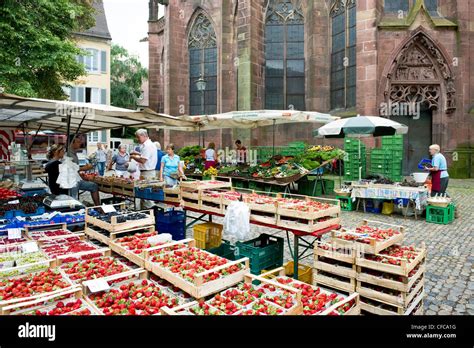 Market in Minster square, Freiburg Minster in background, Freiburg im