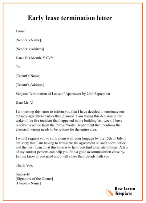 early lease termination letter format sample and example