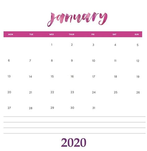 Best January 2020 Calendar Template