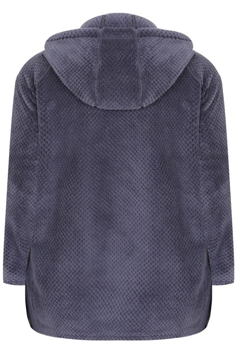 Grey Plain Textured Hooded Fleece Jacket Plus Size 16182022242628