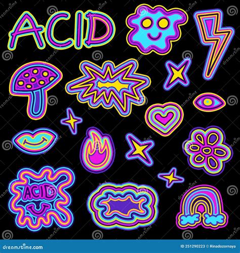 Acid Rave Smile Set Acid Smile And Psychedelic Sticker Pack Stock