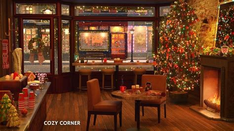 Cozy Christmas Coffee Shop Ambience With Christmas Music Fireplace And