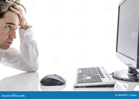Man Looking At Computer Screen Stock Image Image Of Online Computer