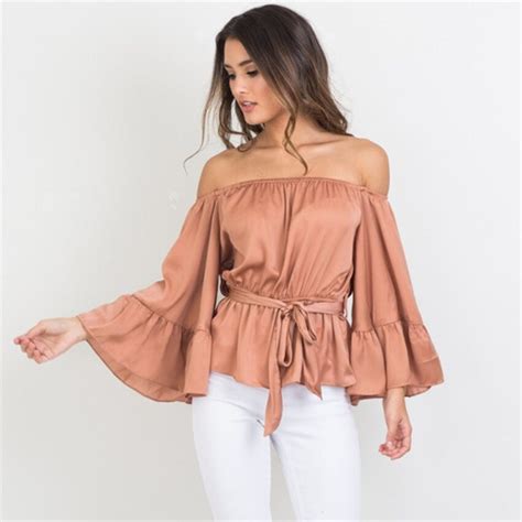 2018 sexy off shoulder satin blouse shirt soft flare sleeve bow summer tops elegant glossy pink