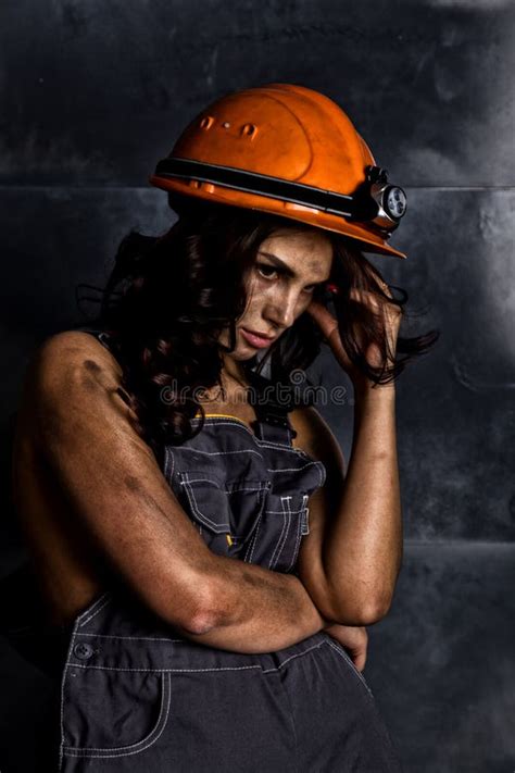 Close Up Portrait Female Miner Worker In Coveralls Over His Naked Body