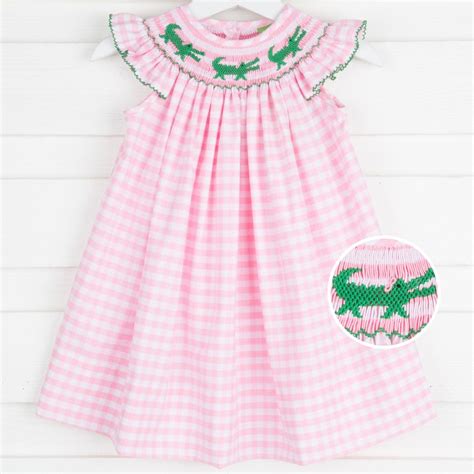 Hand Smocked Green Alligators On A Pink Check Background Perfect For