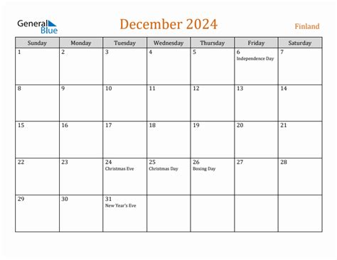 December 2024 Calendar With Finland Holidays