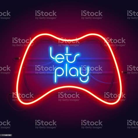 Colorful Neon Lets Play Sign With Game Controller Stock Illustration