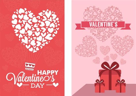 Valentine Card Sets Hearts Decoration On Red Background Vectors Graphic