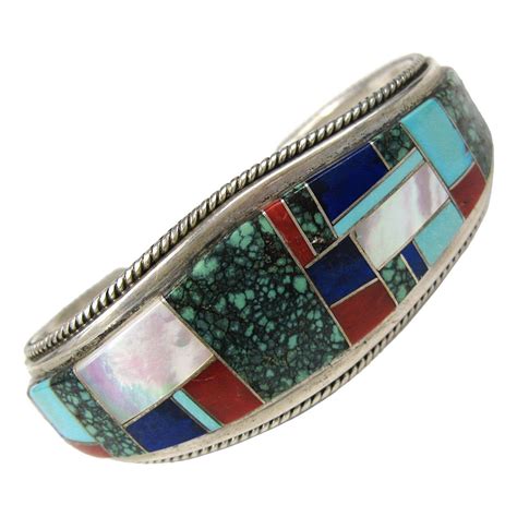 Zuni Sterling Silver Turquoise Lapis Coral Cuff Bracelet For Sale At 1stdibs