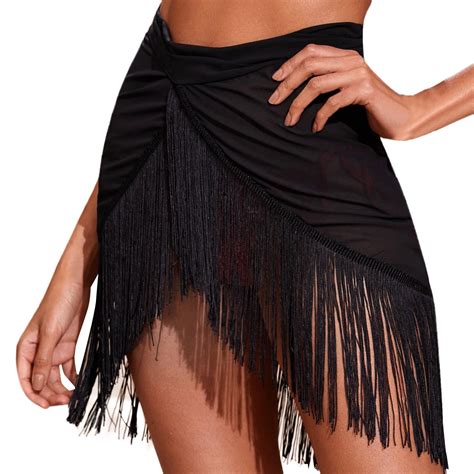 Women Short Sarongs Beach Wrap Sheer Bikini Wraps Chiffon Cover Ups High Waist Tassel Sarong