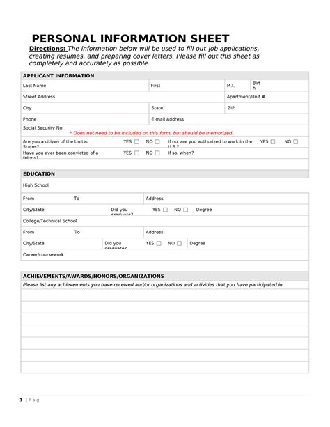 personal information form 01 1 p a g e personal information sheet directions the