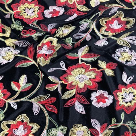 Red Flower Multi Embroidered Black Stretch Velvet Sold By The Yard