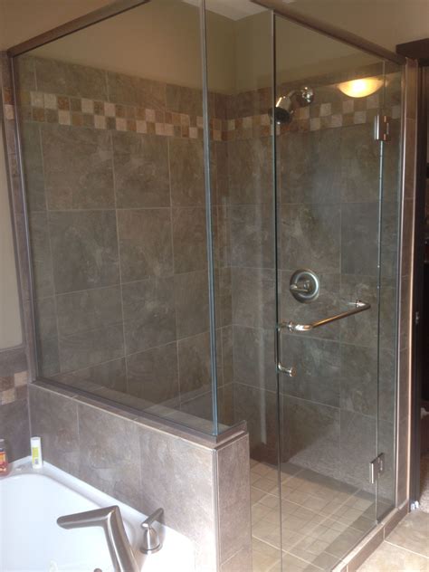 Corner Shower With Half Wall Full Header Glass Mounted Hinges Bathroom Tile Renovation Half
