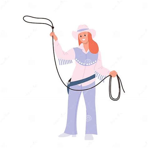 Cowgirls Cartoon Character Wearing Traditional Clothing Throwing Lasso Rope Isolated On White