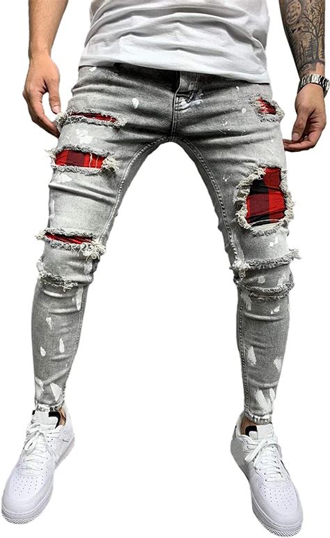Men S Ripped Jeans Slim Fit Plaid Lining Denim Pants Distressed Tapered Leg Jeans With Holes