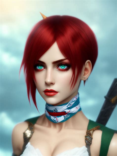 dragonknight613 female a demon short red hair blue green eyes wearing a neck bandage and a