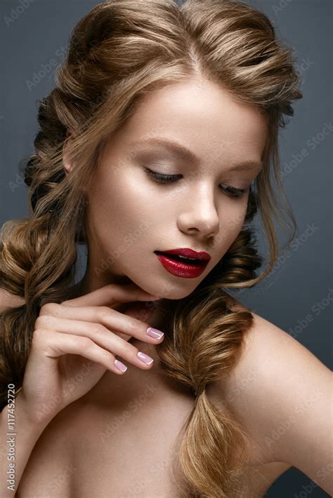 Beautiful Girl With Braids And Gentle Makeup Nude Beauty Model With Bright Red Lips Beautiful