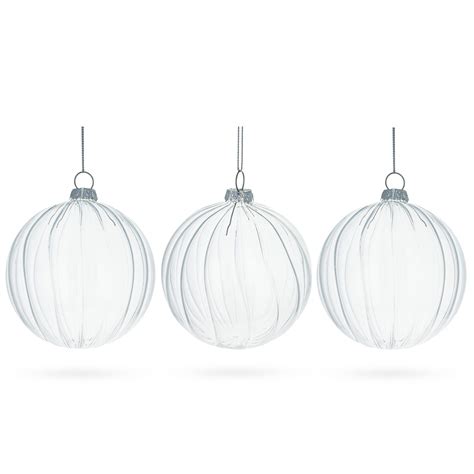 Set Of 3 Striped Clear Glass Ball Ornaments 4 2 Inches